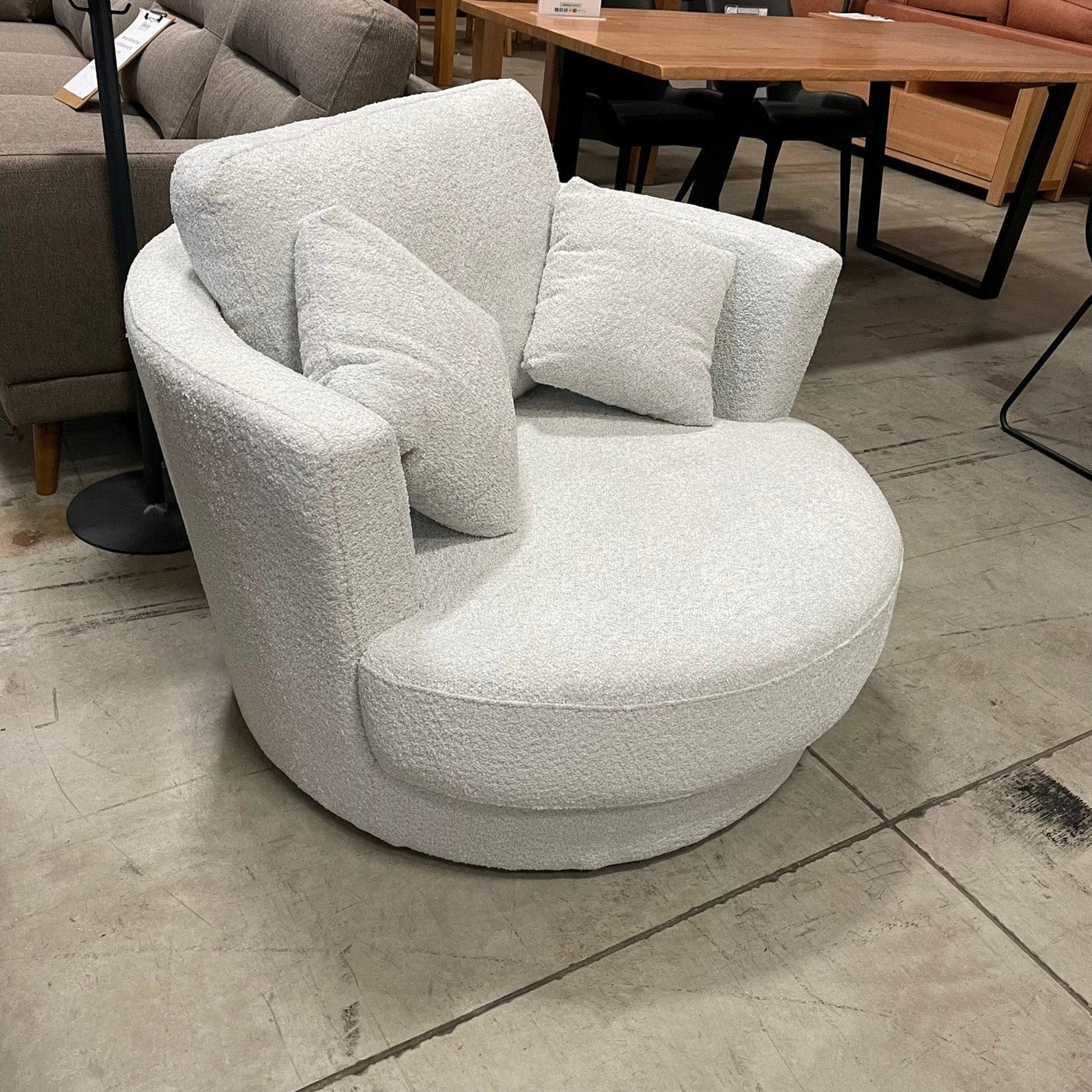 Kimmy Swivel Chair Boucle Grey — Australian Furniture Warehouse